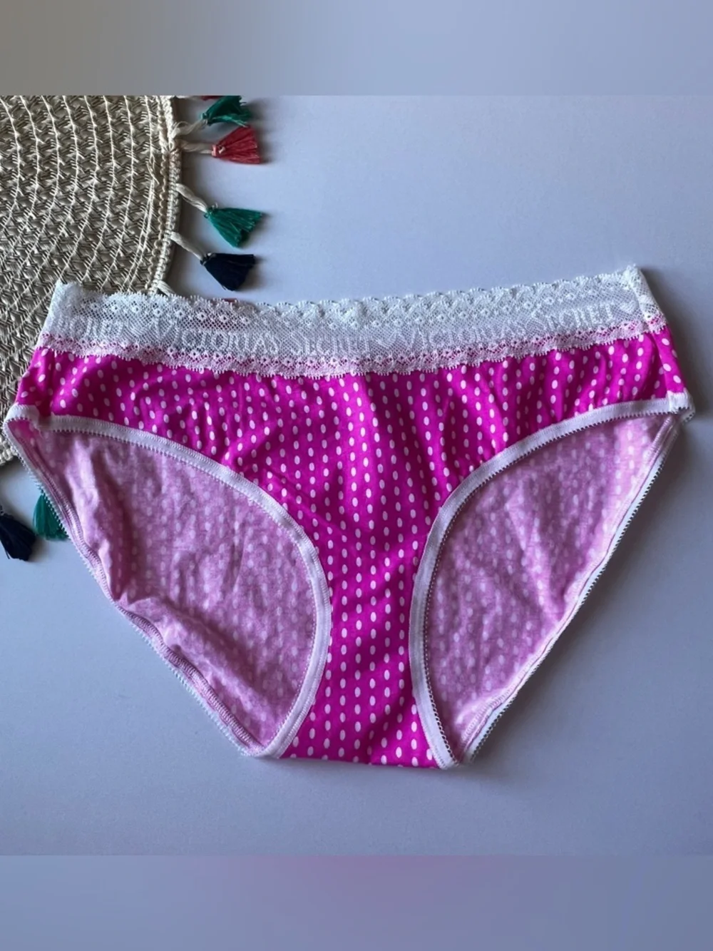Victoria's Secret Vintage Cotton Lace Wait Brief Pink White Polka Dots M NEW - Picture 1 of 4